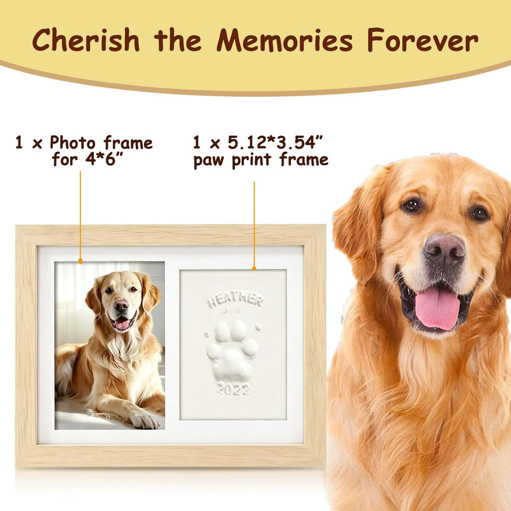 Pet Memorial Frame for Dogs and Cats, Pet Paw Print Photo Frame with Clay Imprint Kit, Pawprint Making Kit and Photo