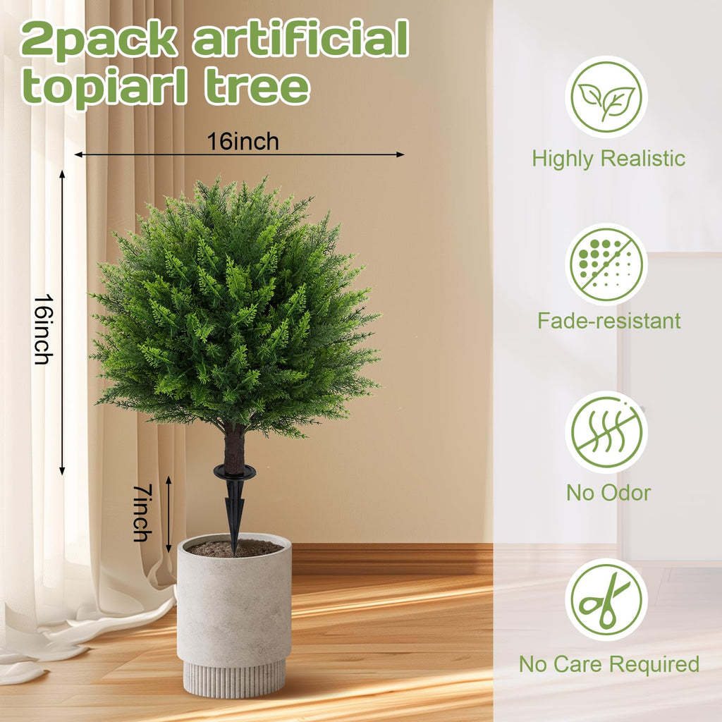 Set of 2 Artificial Cedar Topiary Ball Tree, 23" with Ground Spike