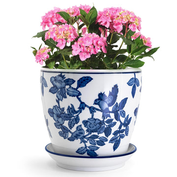 8 inch Ceramic Flower Pots, Chinoiserie Decor Ceramic Planter Plant Pots for Indoor Plants with Drainage and Saucer