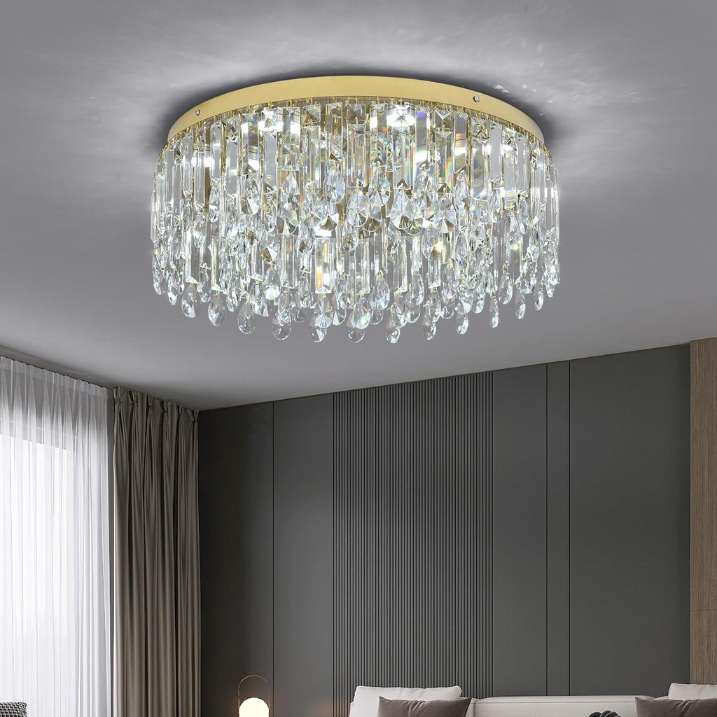 19.7" Gold Crystal Chandelier, Modern Flush Mount Ceiling Light Fixture Luxury Tri-Color LED Lighting for Living Room