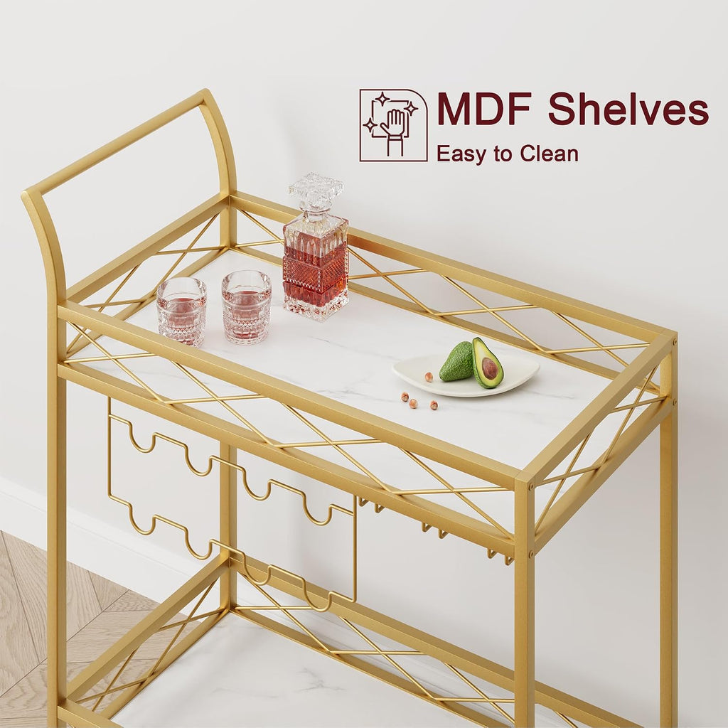 Gold Bar Cart, 2 Tier Bar Carts for The Home, Bar Carts with 4 Wheels, White Marble Finish Wood Shelf, Wine Rack &