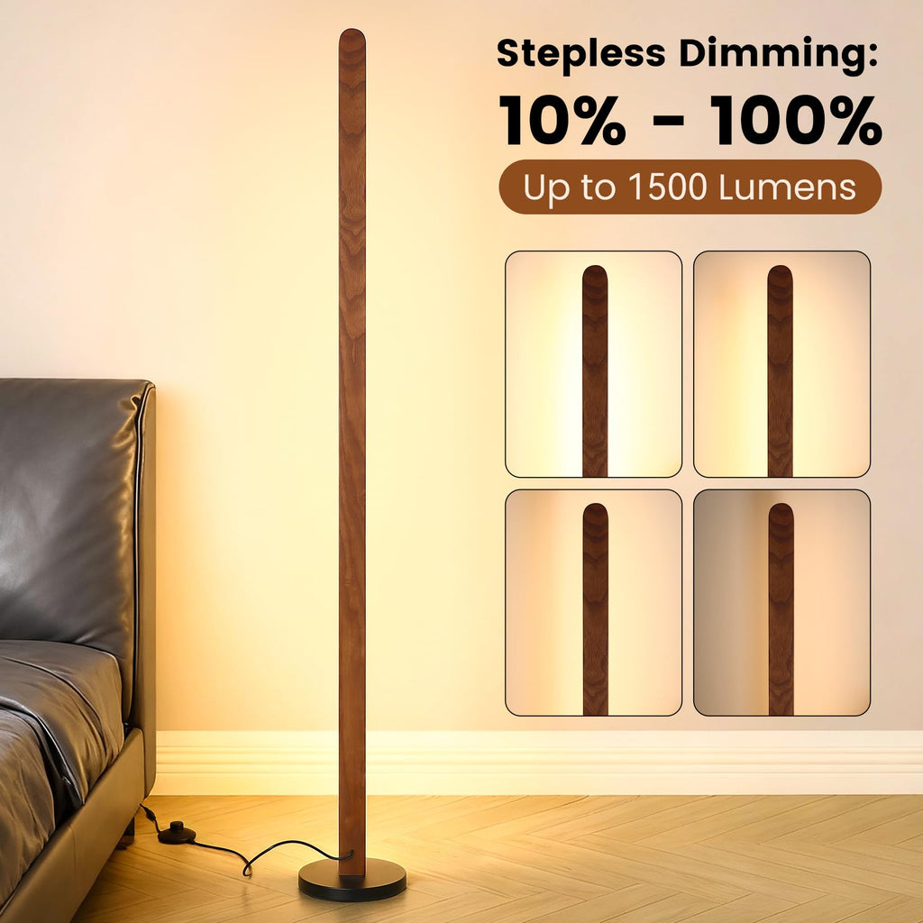 Handcrafted Walnut Ash Solid Wood Floor Lamp, Modern Dimmable Corner LED Standing Light with Remote & Foot Switch