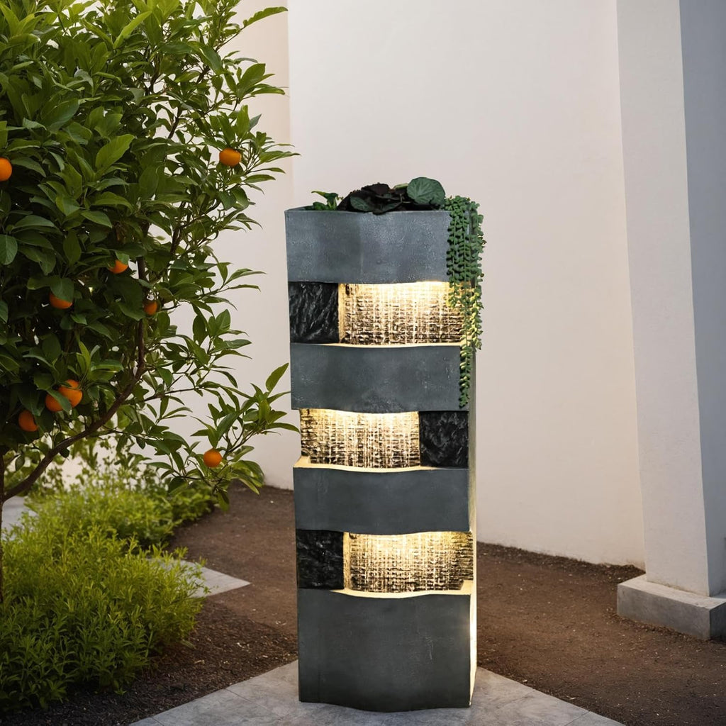 40.5''H Garden Water Fountain Outdoor,4 Tiers Floor Standing Waterfall Outdoor Fountains with LED Lights