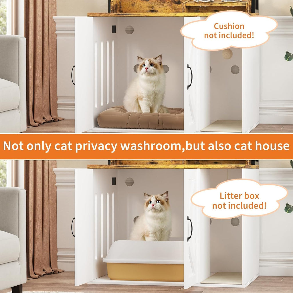 53" H Cat Litter Box Enclosure, Hidden Cabinet w/Storage & Charging, White