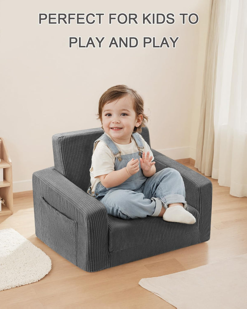 In-1 Kids Chair and Couch, Cozy Corduroy Kids Sofa, Grey