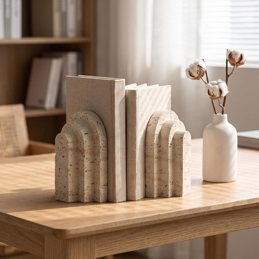 Resin Bookend Decorative Arch Bookend Sculptural Imitation Travertine Book Stopper for Readers, Bookshelf, Desk