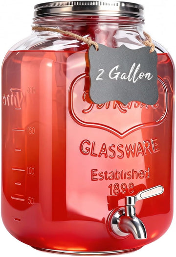 2 Gallon Glass Drink Dispenser For Parties,Beverage Dispenser,Lemonade Dispenser with 304 Stainless Steel Spigot