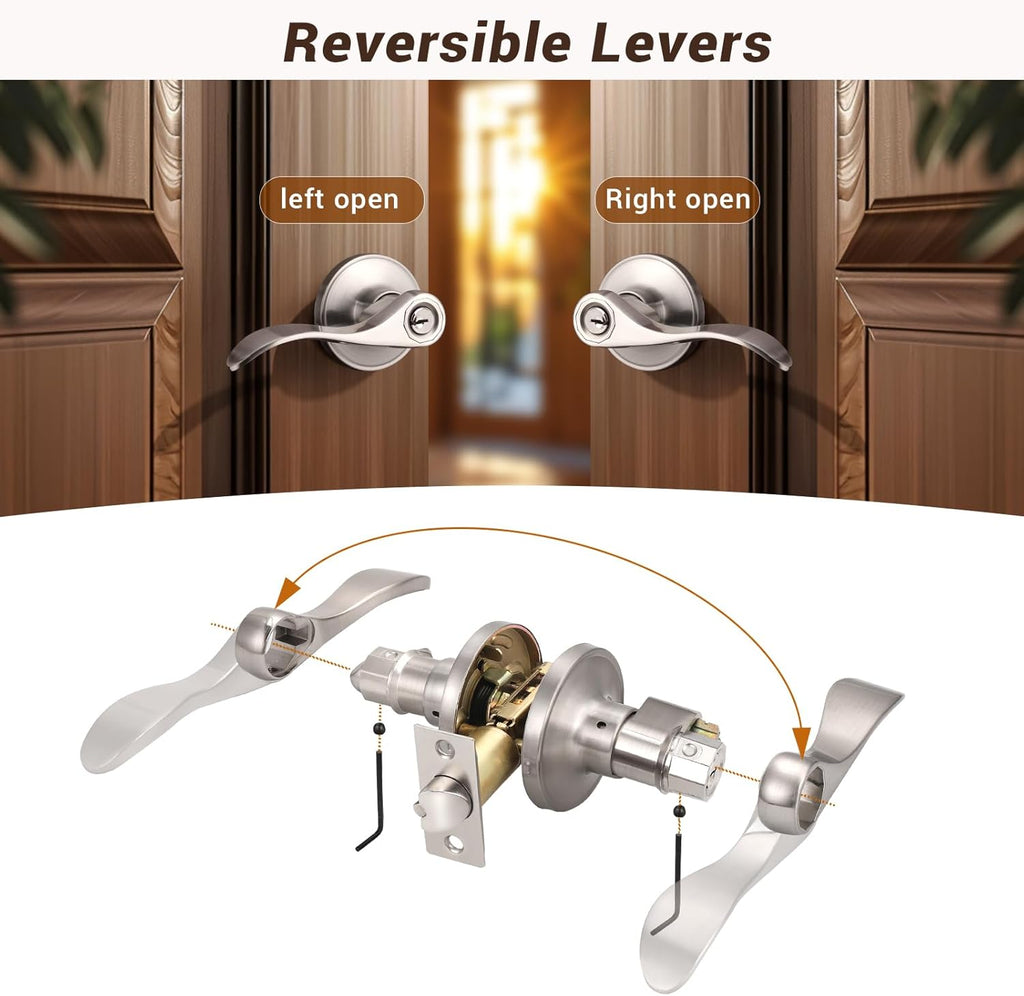 4 Pack Satin Nickel Entrance Door Handle, Wave Style Reversible Keyed Entry Door Lever Use, Keyed Alike
