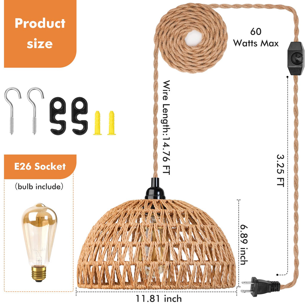 Plug in Pendant Light Rattan Hanging Lamp with 15 Ft Hemp Rope Cord