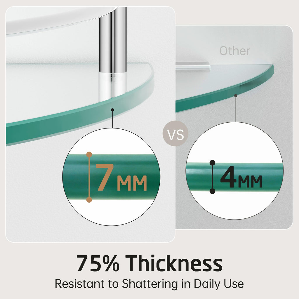 Glass Corner Shelf Bathroom Shelf Tempered Glass with Rail 18/8 Stainless Steel Floating Wall Mount Bracket Polished