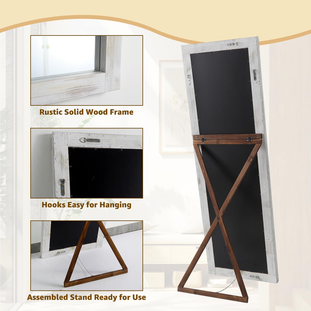 Farmhouse Full Length Mirror Wood Frame 56"x21", Weathering White
