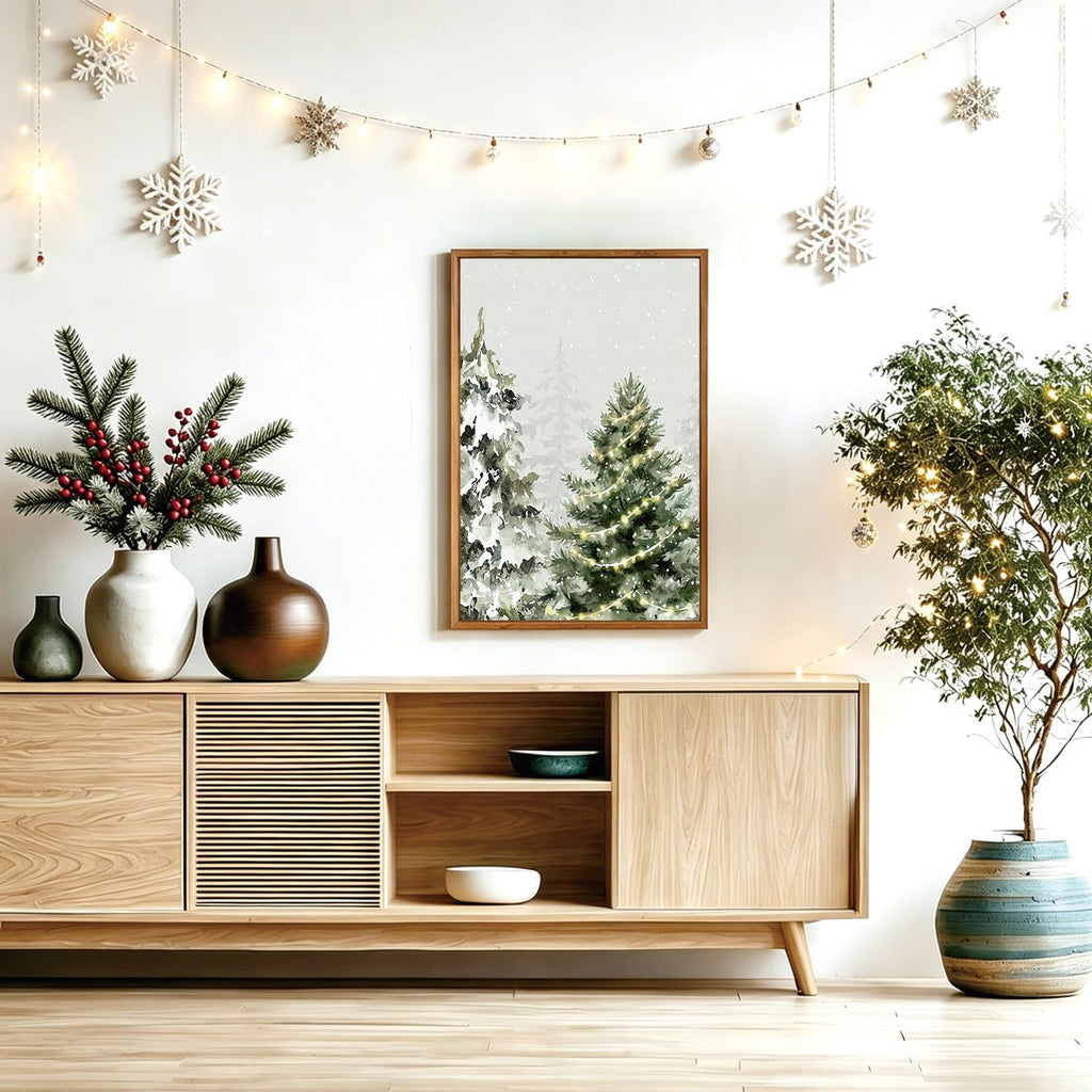 Framed Christmas Tree Wall Art, Winter Snow Forest Pine Tree Decor