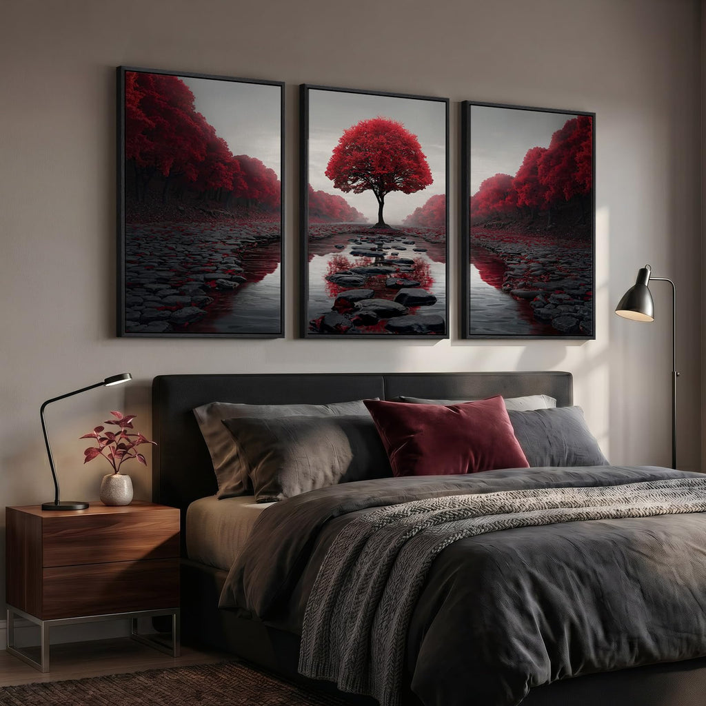 Large Framed Burgundy Tree Landscape Wall Art, 24x36 Inch