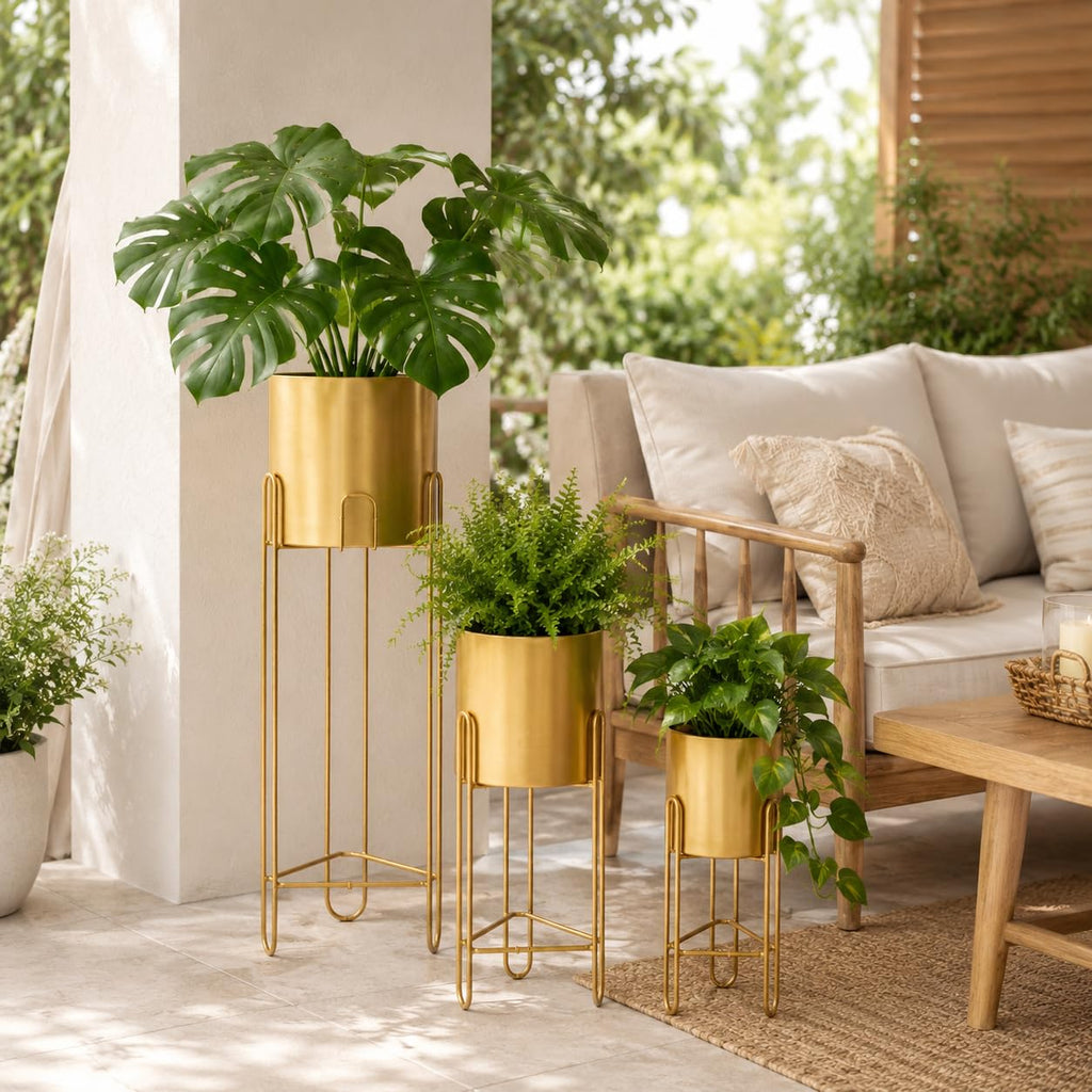 Set of 3 Large Planters with Stand Gold Planter for Indoor Plants 29 &22 &12" Tall Morden Metal Plant Pots Corner