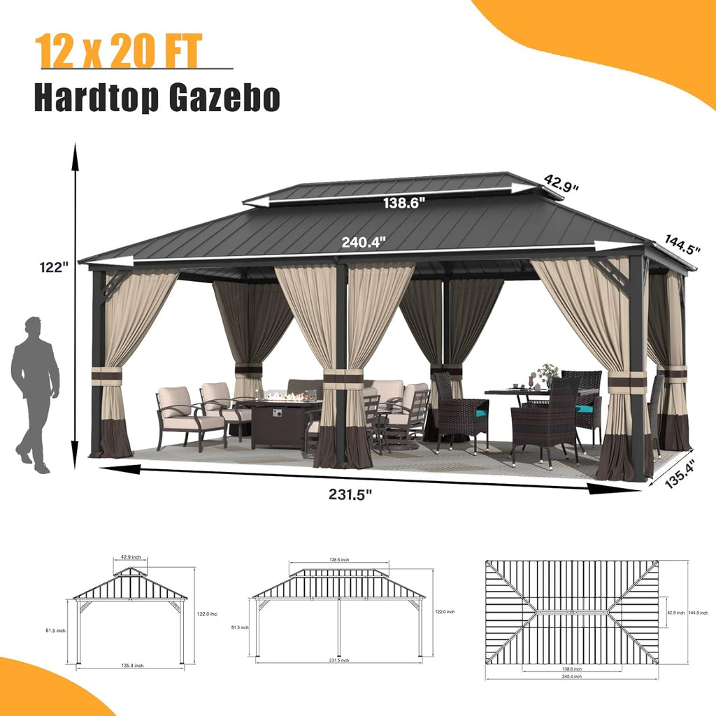 12'x20' Hardtop Gazebo, Outdoor Double Roof Canopy with Netting and Curtains, Galvanized Metal Frame