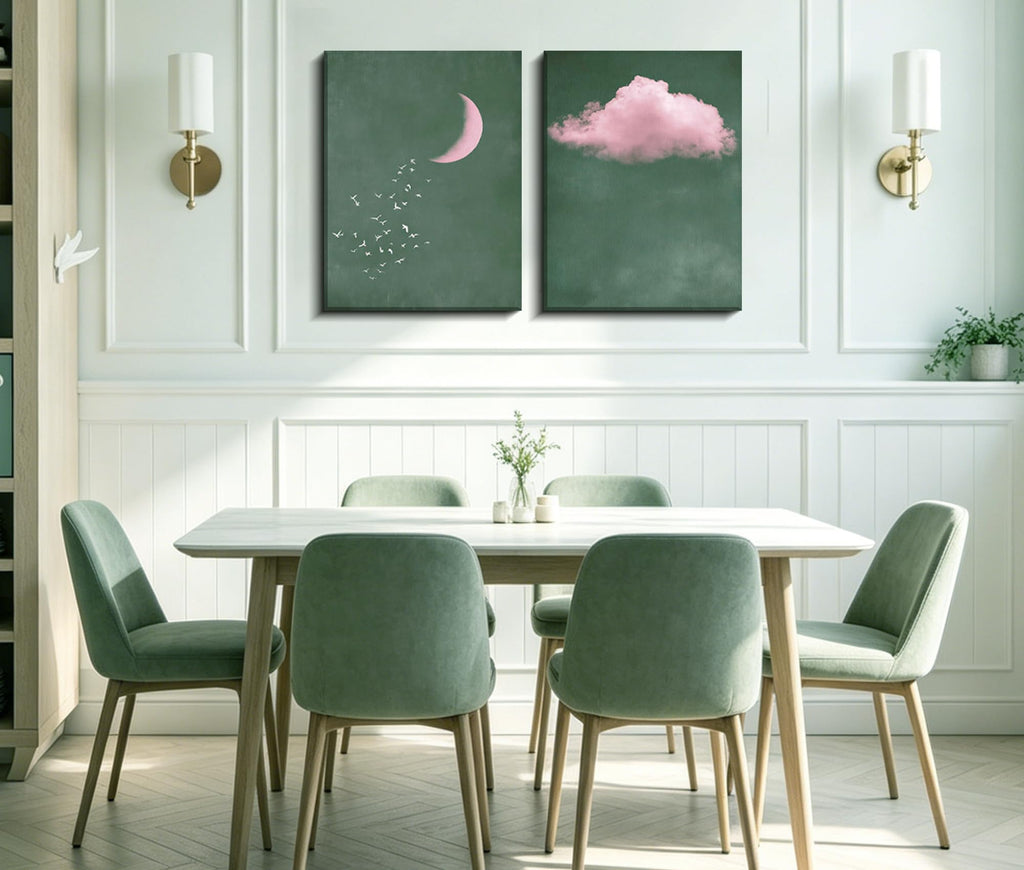 Pink and Green Moon Canvas Canvas Wall Art Set of 2, 12x16 Inches