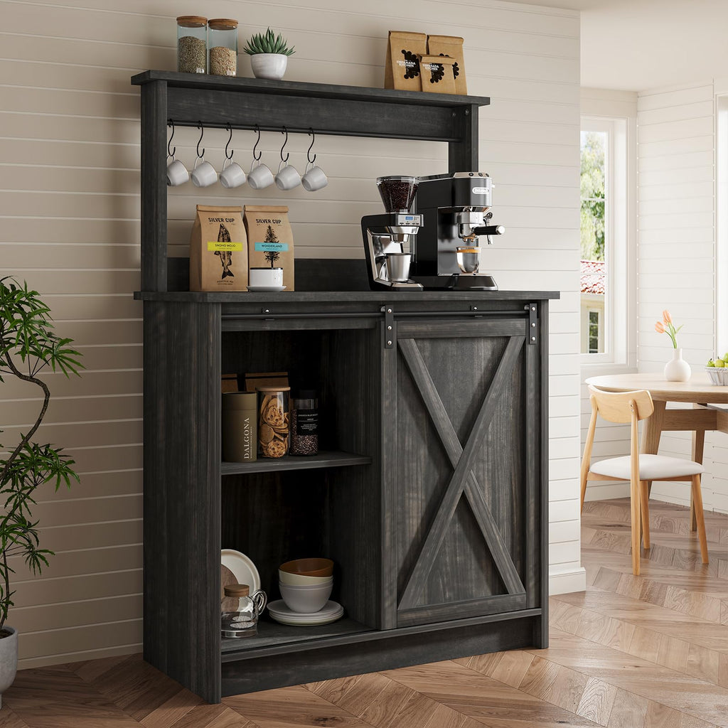 31" Farmhouse Coffee Bar Cabinet with Storage Hutch, Oak