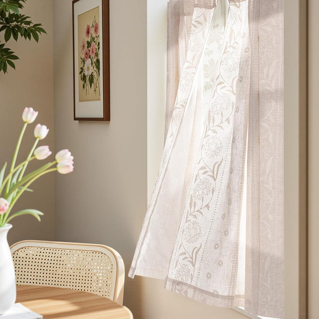 Sage Floral Linen Curtains 63" Back Tab 2 Panels