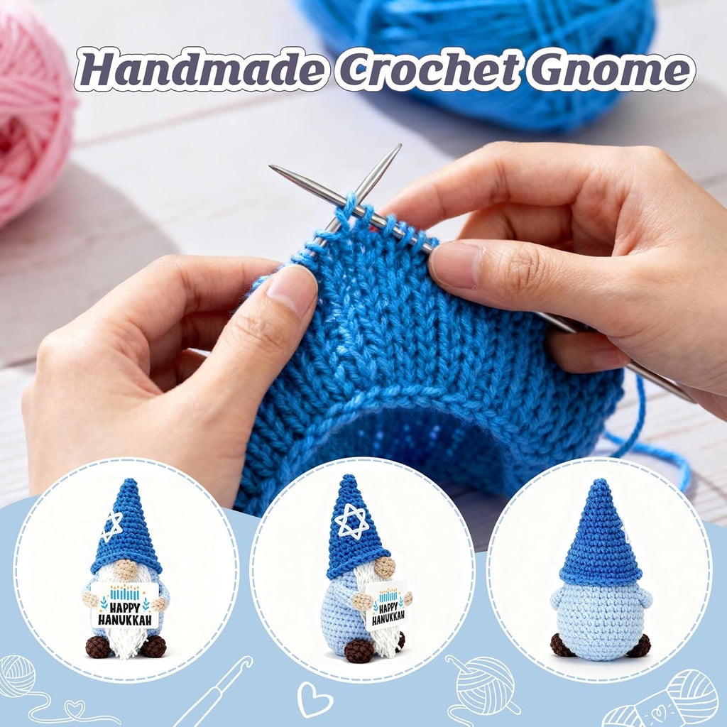 Hanukkah Gnome Crochet Plush, Handmade Blue Gnome with Star David Hat & Happy Hanukkah Candle Card, Mini Amigurumi
