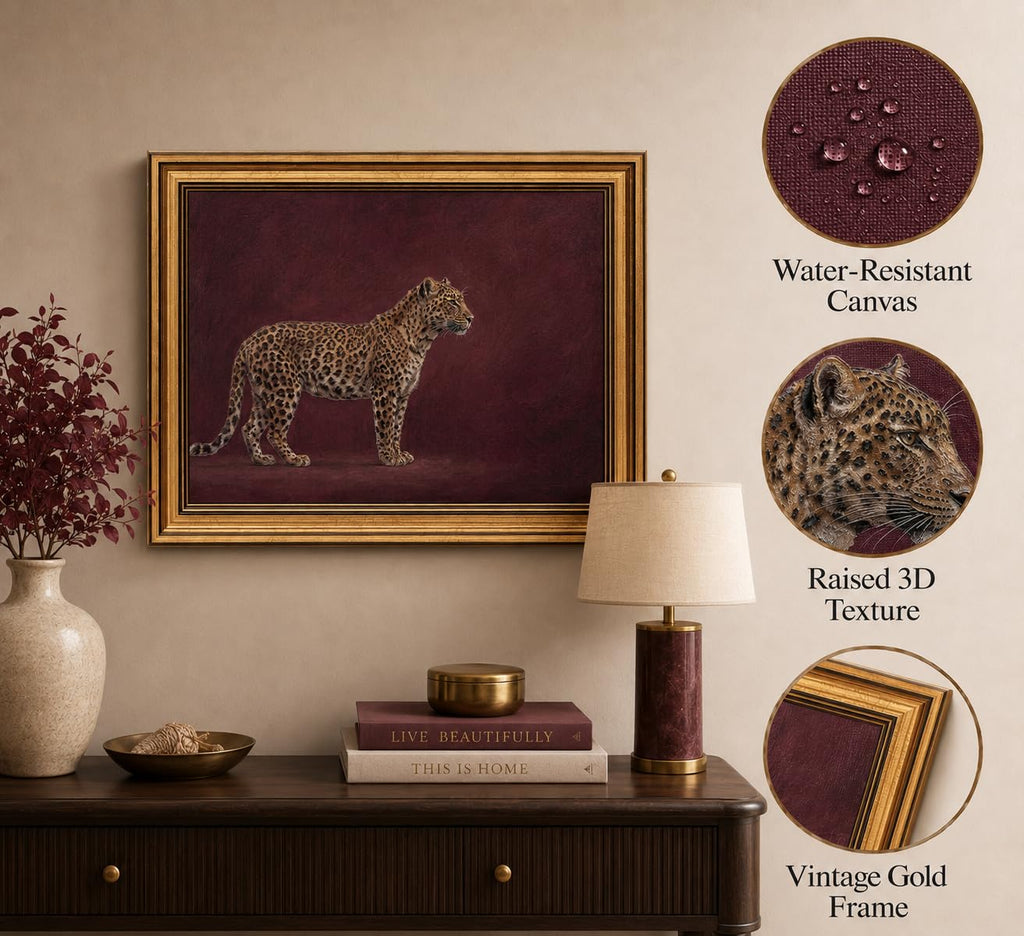 Gold Framed 3D Textured Wall Art, Vintage Burgundy Cheetah Canvas Prints, Minimalist Maroon Wildlife Pictures Decor