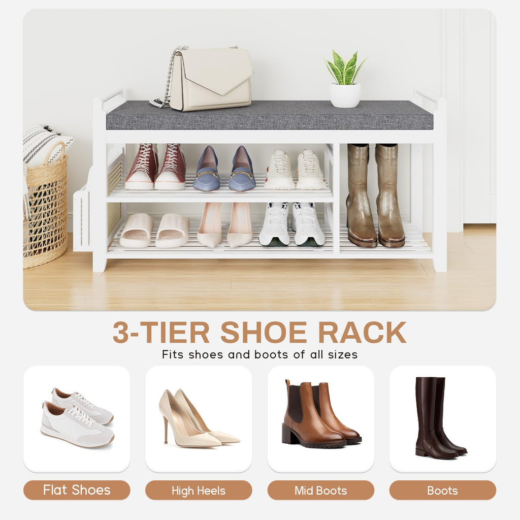2-Tier Shoe Rack Bench, 39.4 in, White and Dark Grey