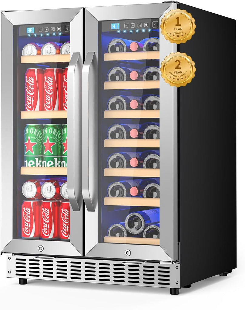 Wine and Beverage Refrigerator with Glass Door, 24-Inch Dual Zone Wine Fridge Un