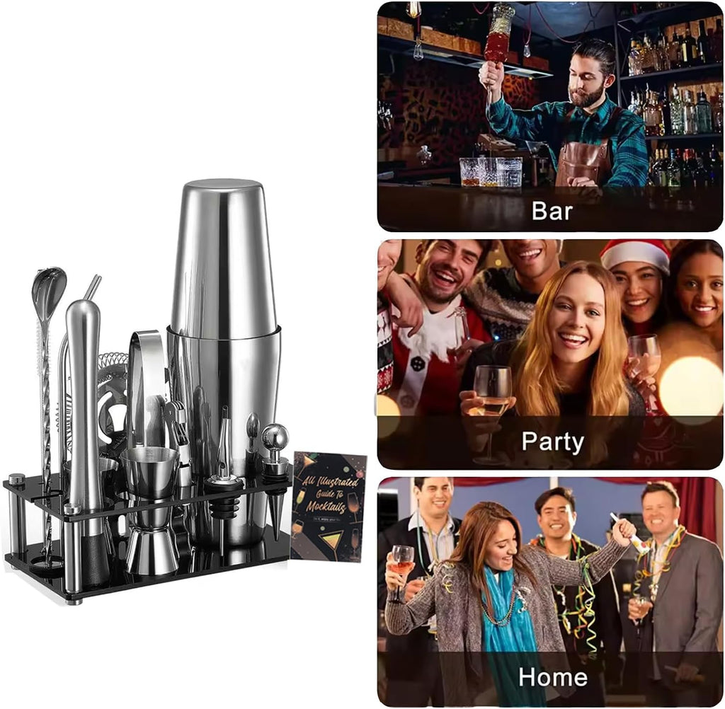 Cocktail Shaker Set, 16-Piece Boston Stainless Steel Bartender Kit with Bar Mats and Bar Set with Acrylic Stand - Set of 16