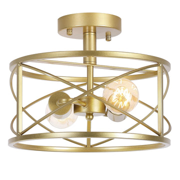 2-Light Semi Flush Mount Matte Gold Ceiling Light Fixture, Farmhouse Industrial Metal Cage with Adjustable Height