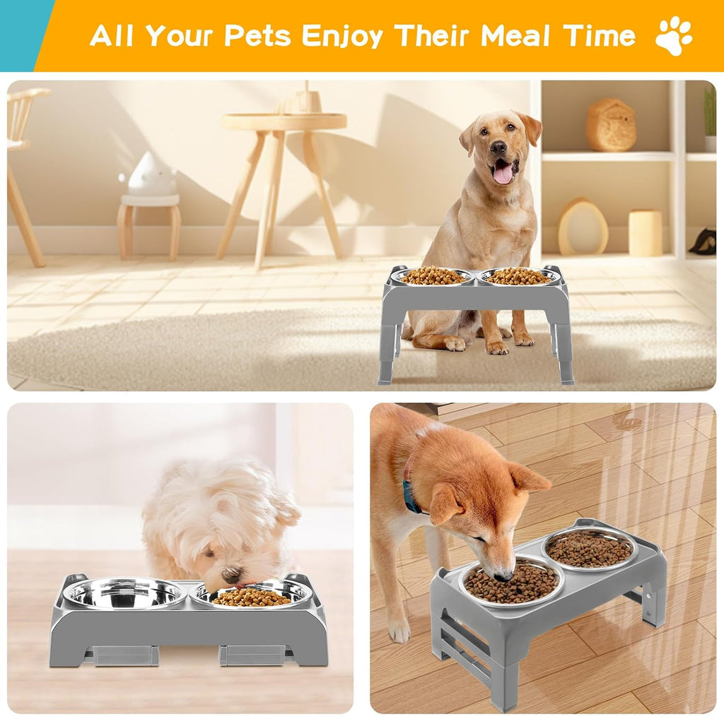 Elevated Dog Bowls for Small Medium Dogs, 3 Height Adjustable Raised Stand with 2 Thick 6" Stainless Steel Food