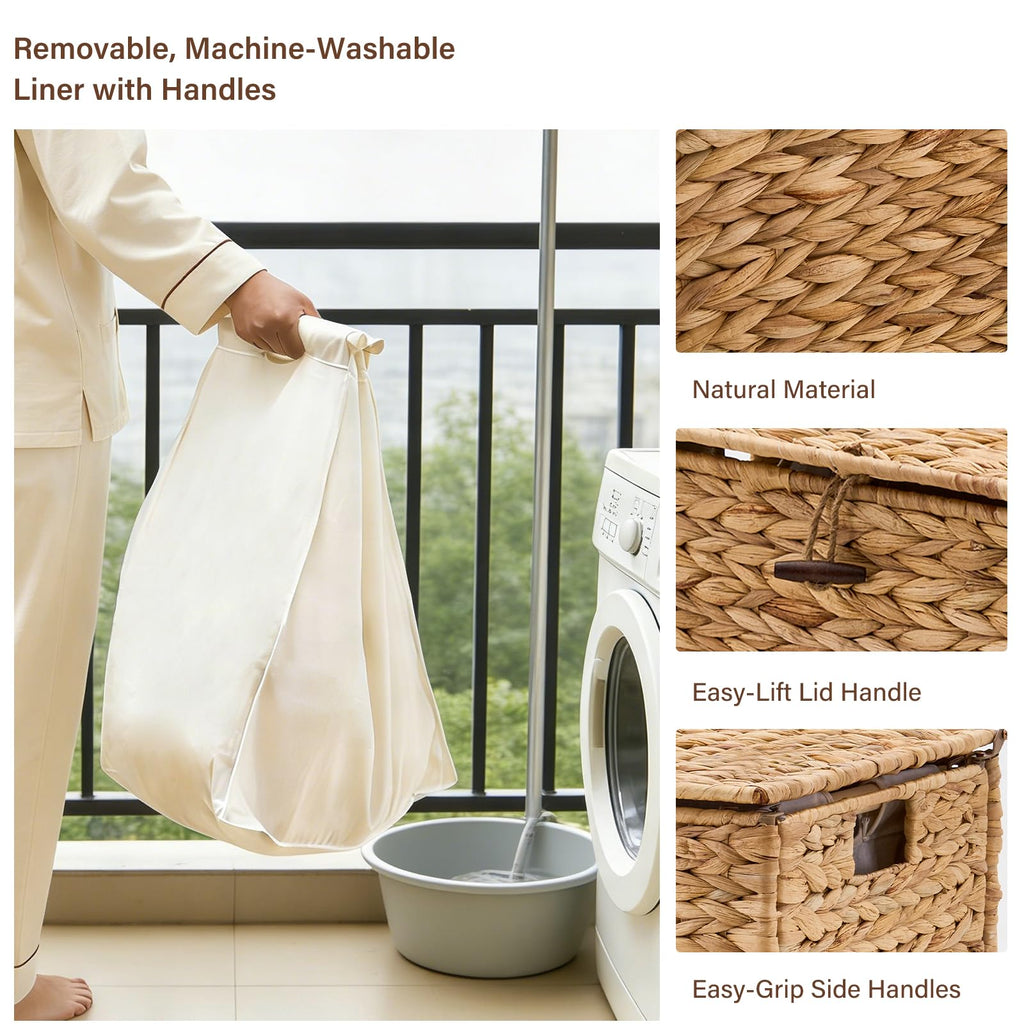 Hand-Woven Natural Water Hyacinth Laundry Basket with Wheels