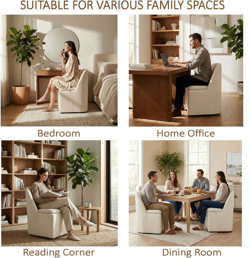 Upholstered Dining Chairs with Casters, Washable Cover Modern Dining Room Chairs with Thick Cushion & Sturdy Metal