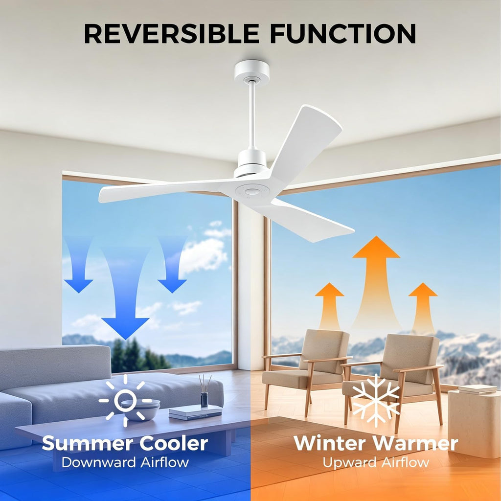 Inspired Adler Style 52" Solid Wood Ceiling Fan Without Light, 3 Sculpted Blades, Quiet DC Motor, 6-Speed Remote - White