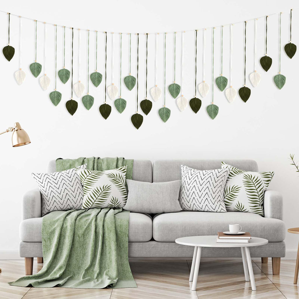 30 Pcs Large Macrame Wall Hanging 71 x 30'' Green Tapestry Boho Home Decor With Light Bohemian Leaf Tapestry