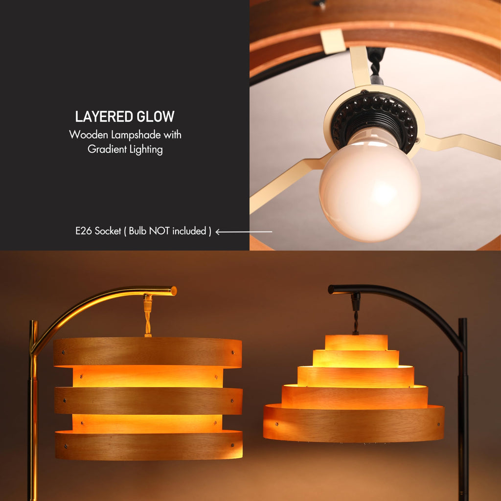 Strata Wooden Floor Lamp - Mid Century Modern Standing Lamp with Layered Wood Shade, Tall Reading Lamp, Black, Light