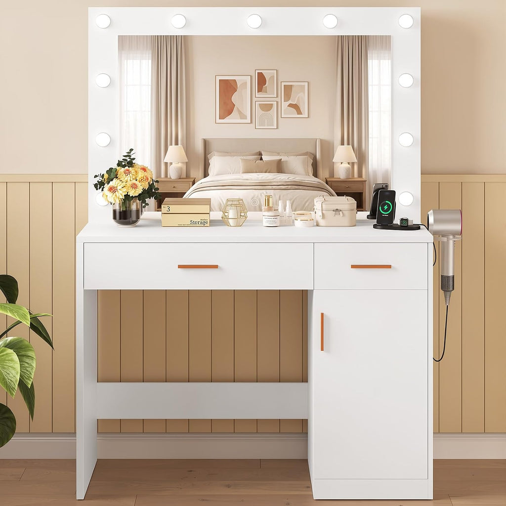 Makeup Vanity Desk with Mirror and Lights, Charging Station | 11 LED Bulbs, Dressing Table, Large Cabinet, 2 Drawers