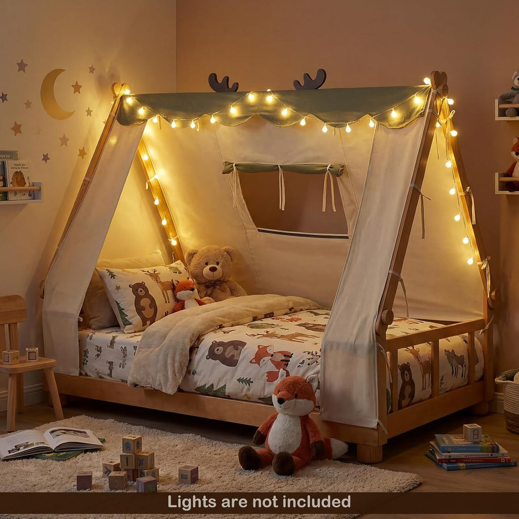 Twin Bed Frames for Kids, Wooden House Antlers-Shaped Floor Bed | Montessori Kids Bed w/Tent, Window, Fence Guard