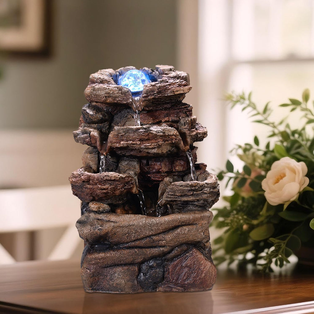 Tabletop Waterfall Fountain with Glass Ball and Color Changing LED - Indoor Decorative Waterfall, Resin Natural