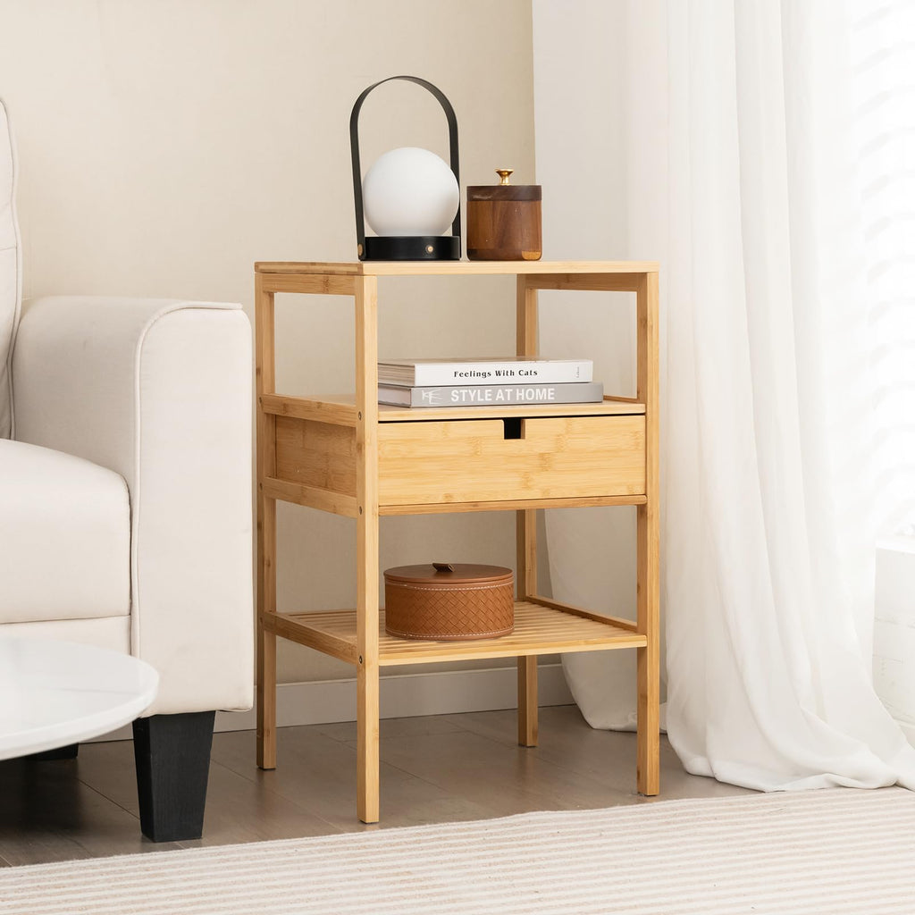 Bamboo Nightstand Set of 2, Wood Side Table with Drawer & Shelf