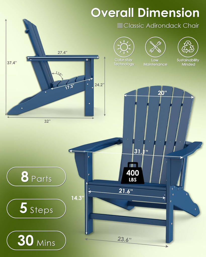 Oversized Adirondack Chairs Set of 2, HDPE All Weather, Blue | 21.6" Extra-Wide Seat | 400 lb Capacity | Stable