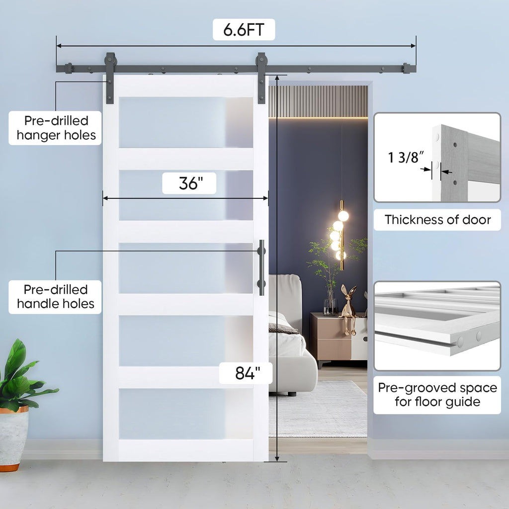 36x84in Glass Barn Door with 6.6FT Sliding Door Hardware, White
