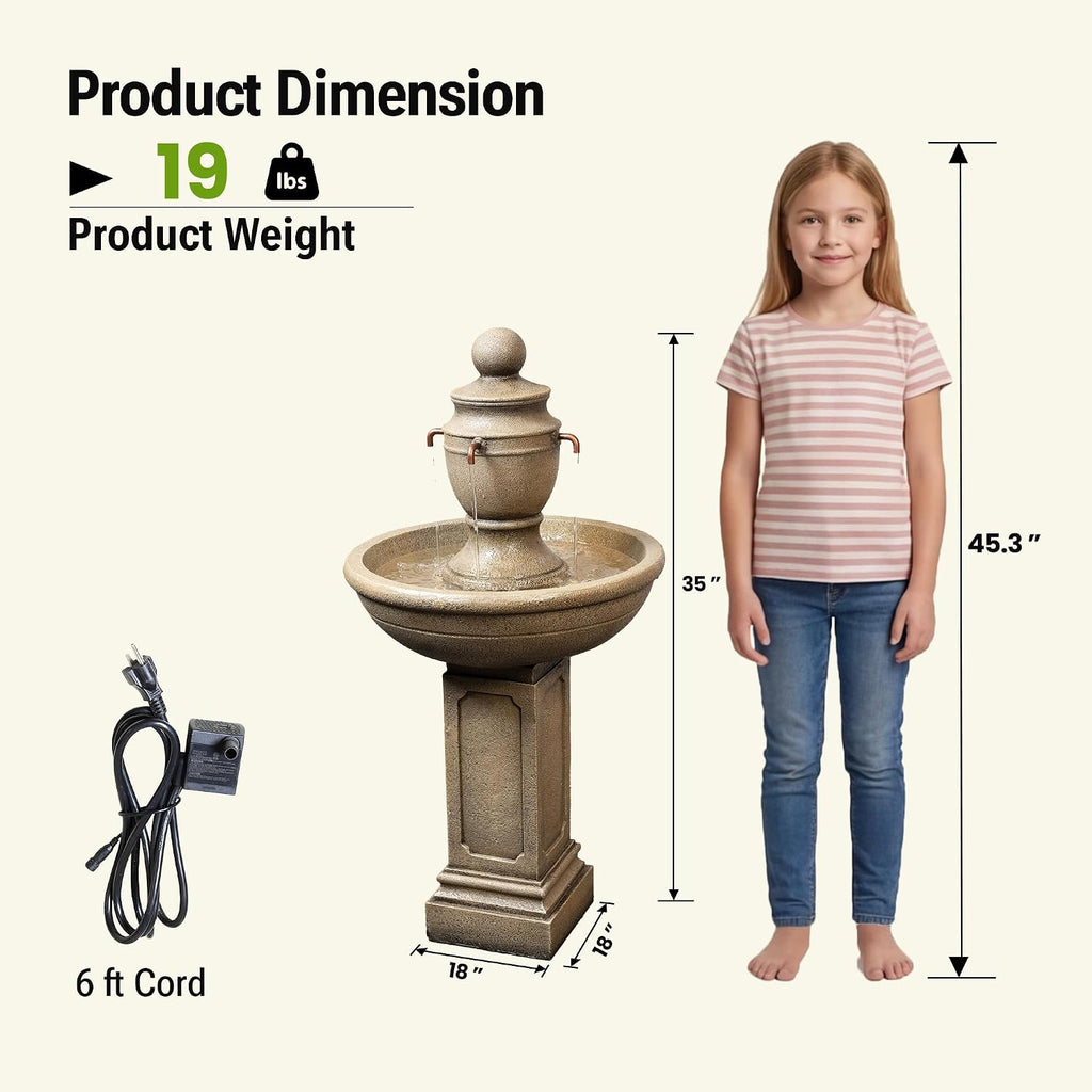 35" Outdoor Water Fountain, 2-Tier Resin Brown Garden Fountain | Modern Italian Floor Standing, with Warm Light, Home
