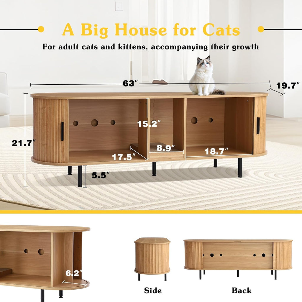 Hidden Cat Litter Box Enclosure with Sliding Door, Built-in Scratch Pad, 63" Modern Indoor Cat House, Fluted