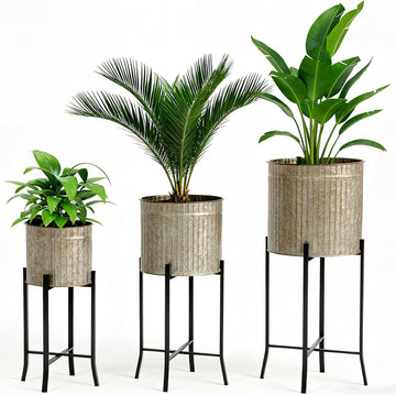 Set of 3 Planters with Stand, 23'' 27'' 37'' H Corrugated Galvanized Planters Pot with Removable Stand Farmhouse