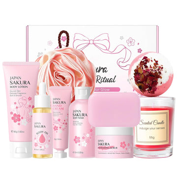 Cherry Blossom Bath and Body Gift Set for Women, Bath Gift Sets, Home Bath Spa Gifts Set for Self Care - Set of 9