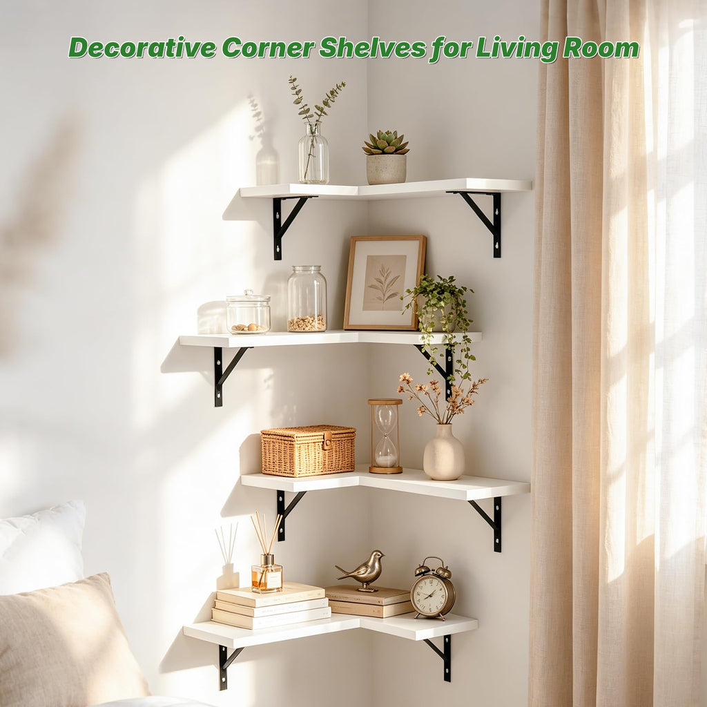 Corner Floating Shelves Wall Mounted, White, Set of 4