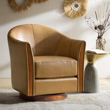 Genuine Leather Swivel Accent Chair with Wood Base, Camel