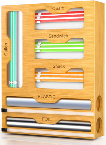 Bag Organizer and Plastic Wrap Dispenser with Cutter, 6 In 1 Bamboo Foil and Plastic Wrap Organizer Drawer, Food