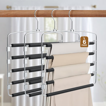 Pants Hangers, 6 Pack Anti-Slip Space Saving Hangers, 5 Layer Swing Arm Pants Hanger Stainless Steel with Non-Slip