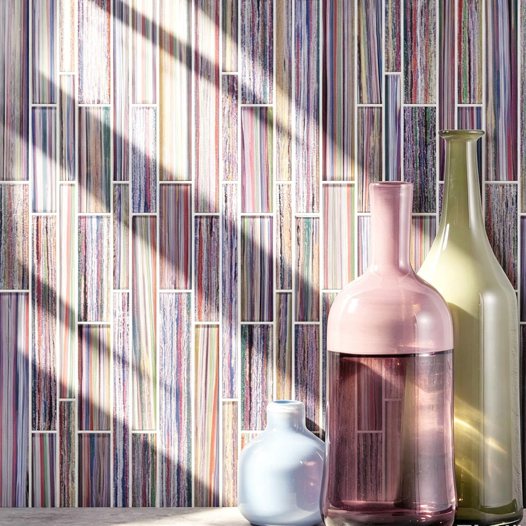 Artisan Linear Glass Mosaic Tile Backsplash, Bathroom & Bar Feature Wall, 6mm Thick Prism-Mix Crystal Strips