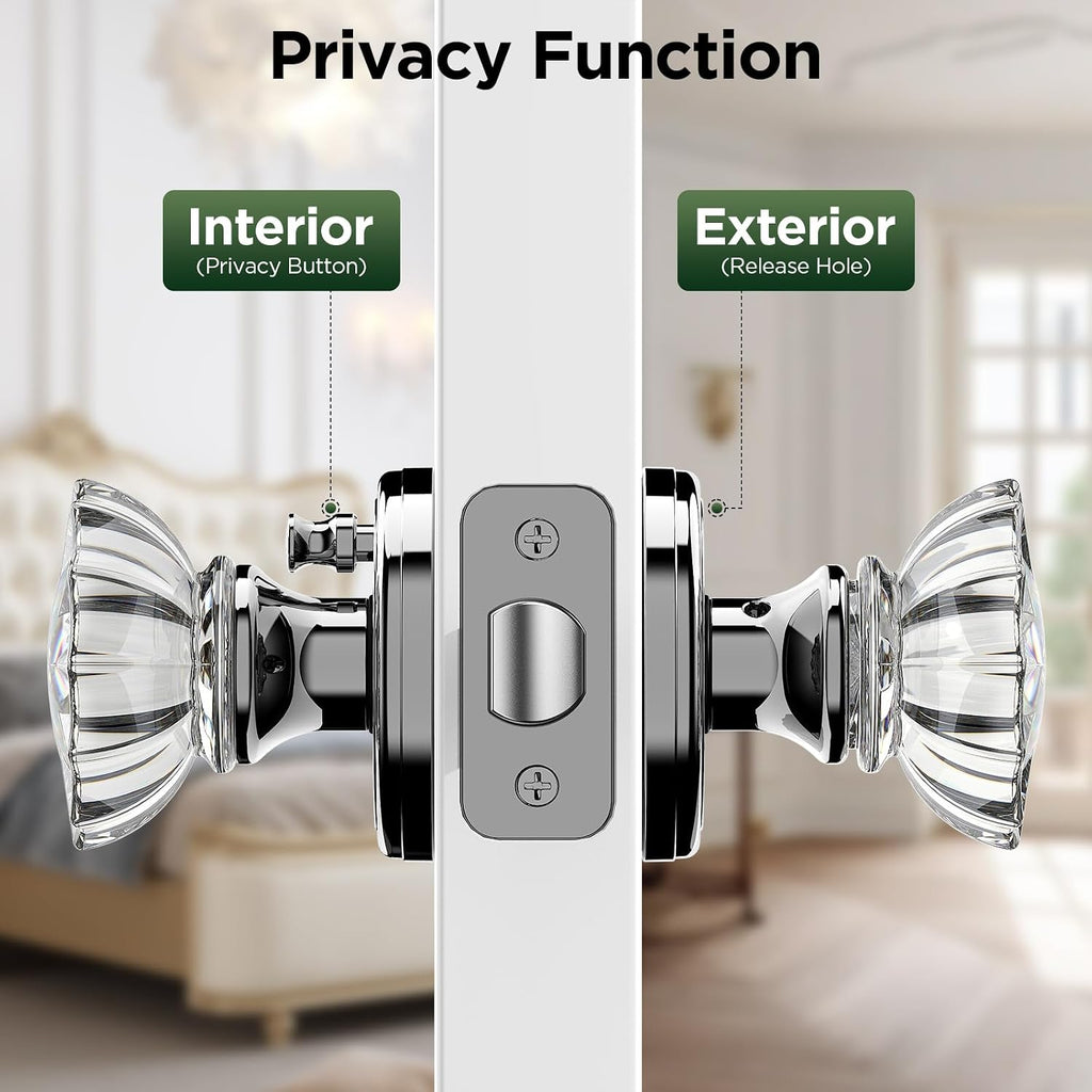 1 Pack Crystal Door Knob, Rosette Shaped Glass Door Knobs Interior with Lock, Polished Chrome Door Knobs Interior